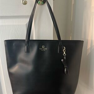 kate spade Black Leather Tote with Gold Logo Accent